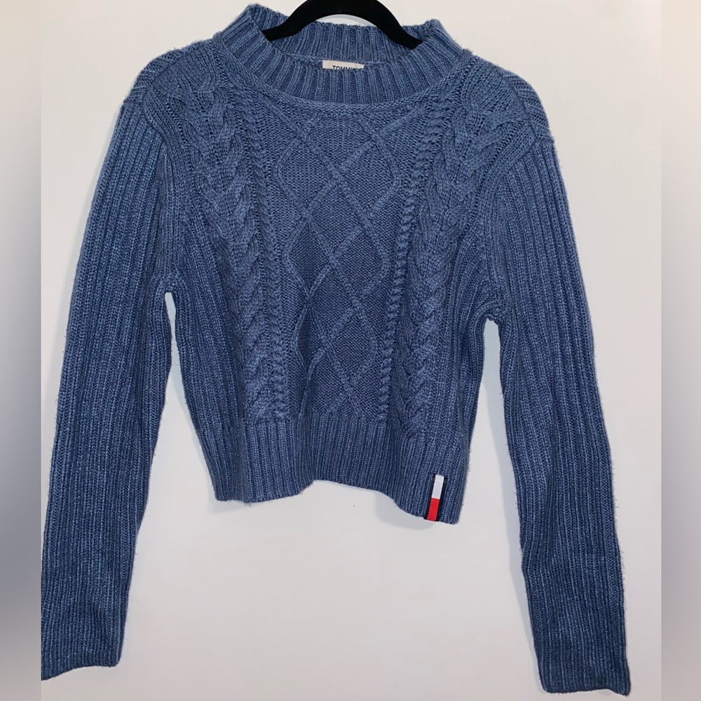 TOMMY JEANS Womens Small Blue Cropped Cable-knit Sweater